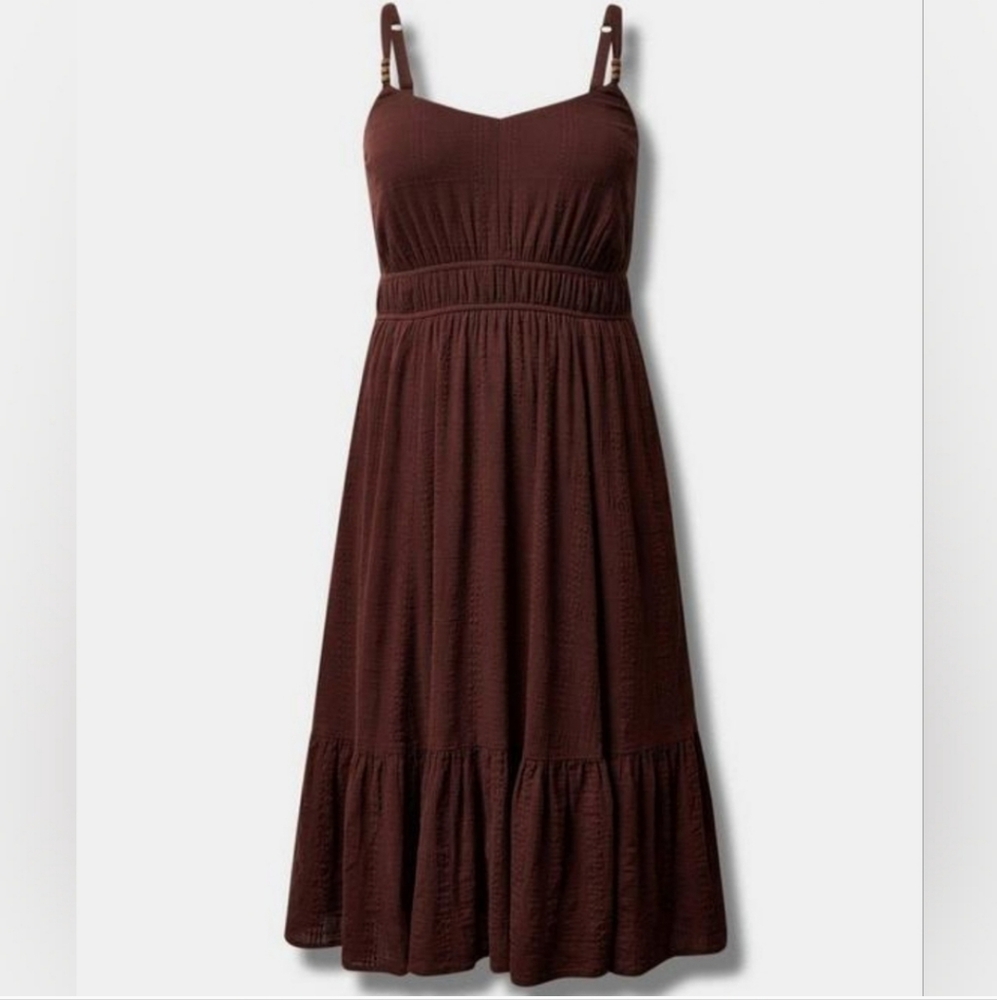 TORRID  2x  Midi Textured Tiered Cotton Sun Dress Plus Size Brown